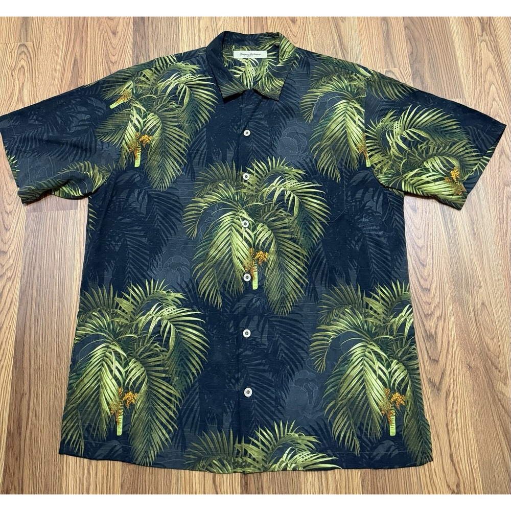 Tommy Bahama Mens Large Silk Camp Shirt Palm Tree Hawaiian Jacquard Black